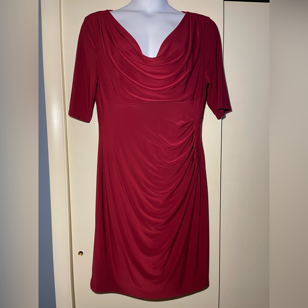 Lauren Ralph Lauren Women’s Size 18 Red /Burgundy Ruched Drape Neck Sheath Dress